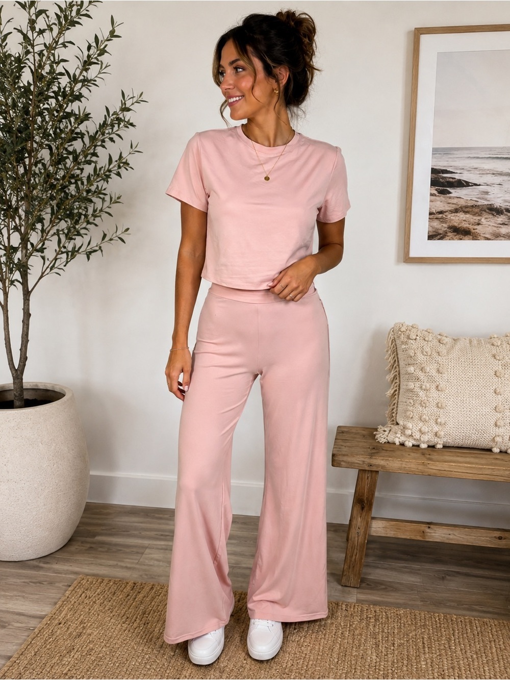 KIMBERLY C Blush Pink Wide-Leg Lounge Jumpsuit Set Top & Bottoms NWT A314